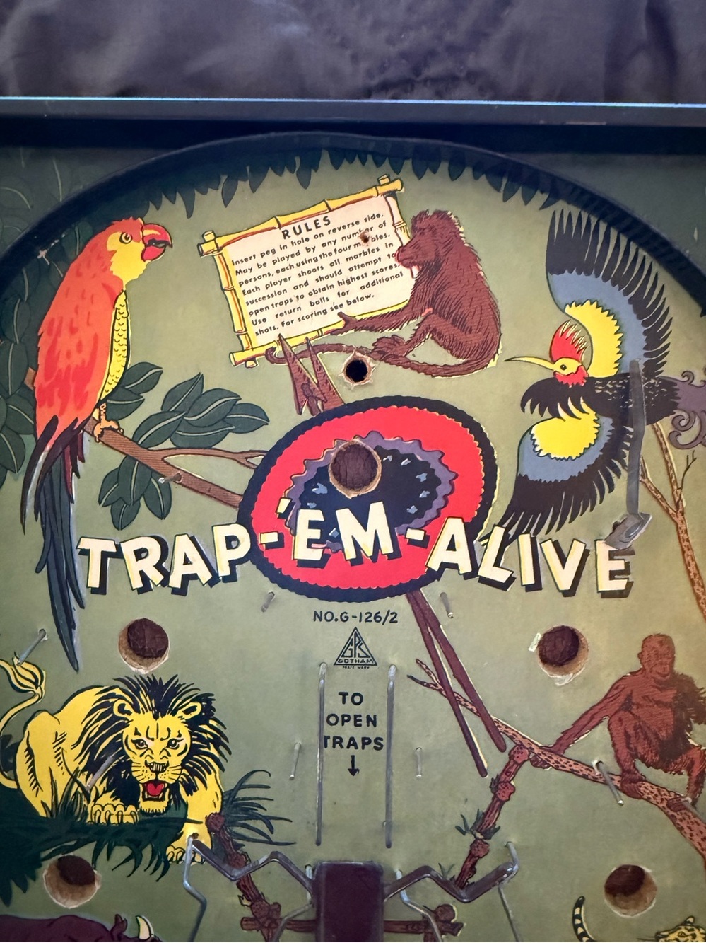 Trap-em-Alive 1936 vintage tabletop pinball game